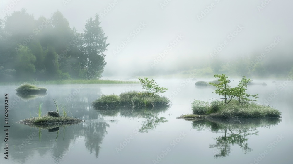 Fototapeta premium Misty lake with green islets creating a tranquil atmosphere, serene and ethereal, natural misty light 