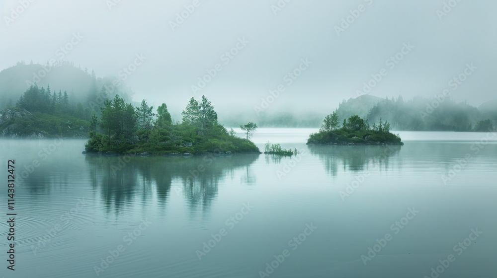 Misty lake with green islets creating a tranquil atmosphere, serene and ethereal, natural misty light
