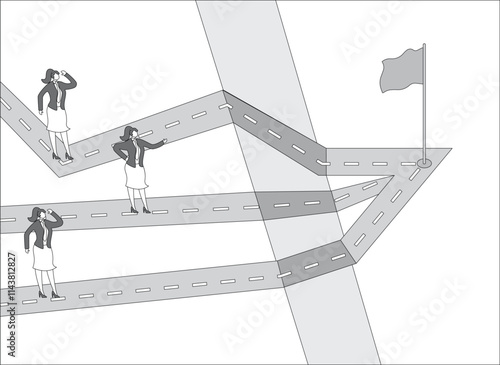 Career guidance and business merge, the leader stands at the top of the merged arrow and guides two businesswomen on the fork in the road
