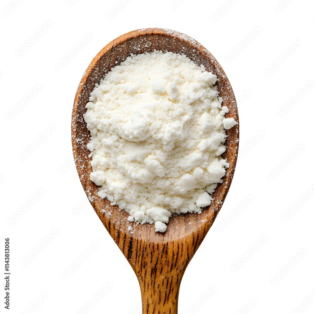 Wooden Spoon Holds White Flour Powder Isolated on Transparent Background Wooden Spoon Holds White Flour Powder Isolated on Transparent Background
