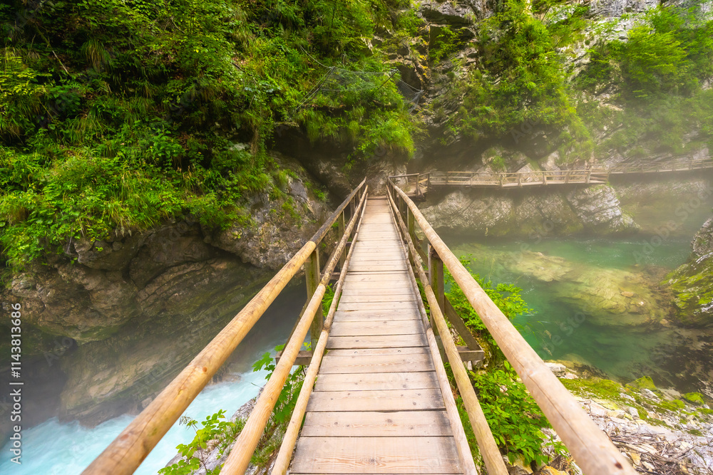 Wooden footbridge crossing emerald green river in vintgar gorge, slovenia Wooden footbridge crossing emerald green river in vintgar gorge, slovenia