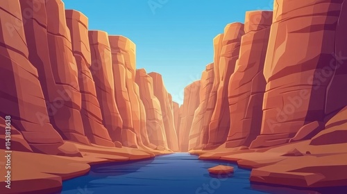 Colorful Canyon Scene Cartoon Cliffs and River Capturing Nature's Beauty