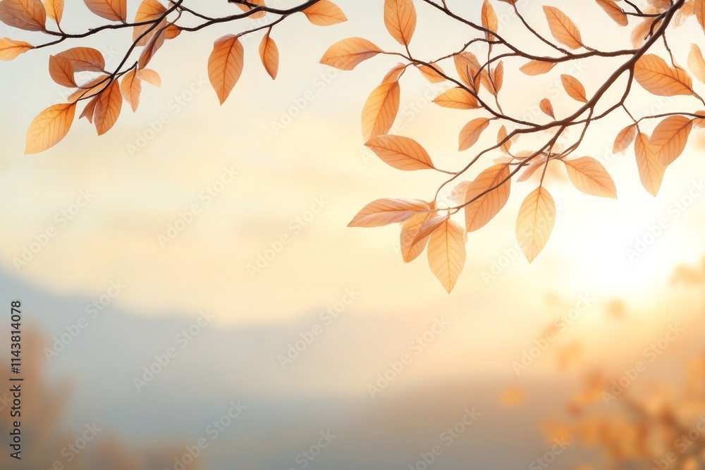 Autumn leaves glimmer in the golden light of sunset over a tranquil landscape Autumn leaves glimmer in the golden light of sunset over a tranquil landscape