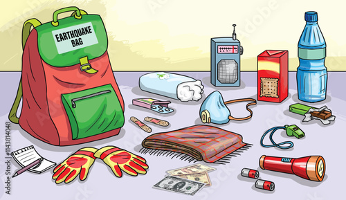 Earthquake bag. Materials in the earthquake bag.