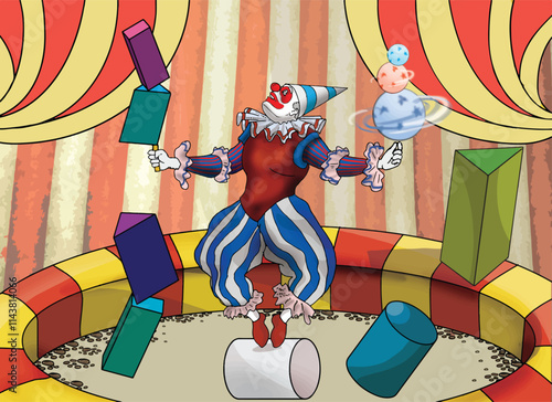 Clown playing tricks on geometric shapes.