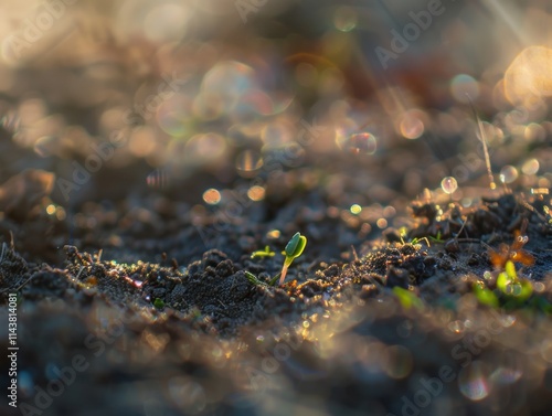New life emerging from fertile soil, with tiny green sprouts breaking through the earth, under warm morning sunlight, close-up shot with macro lens capturing texture and detail, 100mm macro lens.