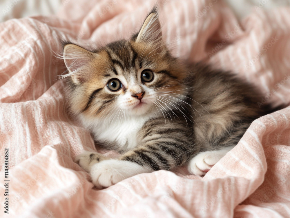 Fluffy kitten playing on soft, pink bedding Fluffy kitten playing on soft, pink bedding