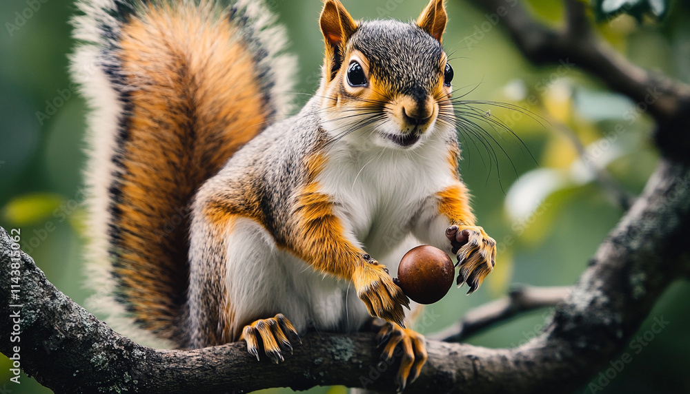 Fluffy squirrel perched on a tree branch, acorn in hand Fluffy squirrel perched on a tree branch, acorn in hand