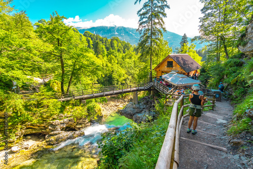 Cuadro en lienzo Tourists walking near restaurant at vintgar gorge in bled, slovenia
