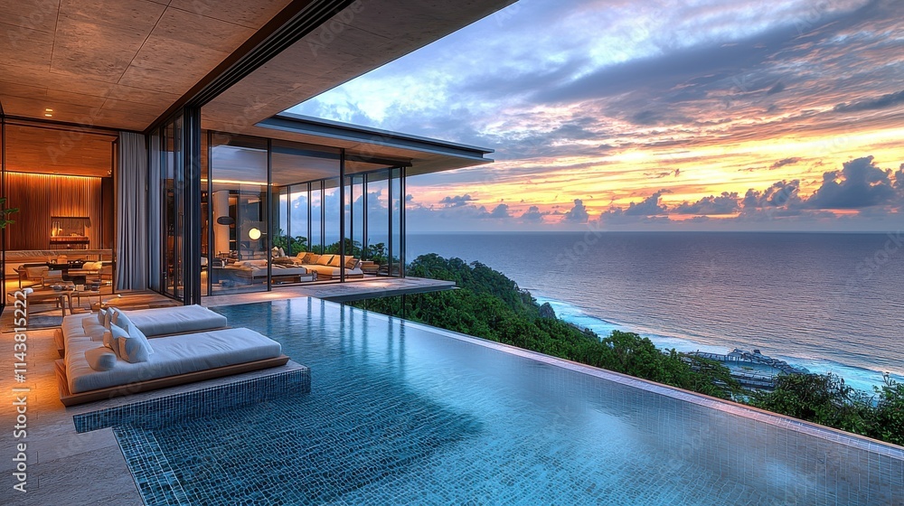 Fototapeta premium Luxury villa with floor-to-ceiling windows overlooking ocean sunset coastal paradise modern design serene atmosphere