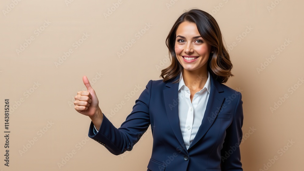 Confident and radiant, a young professional beams with joy, thumbs up high, in a sleek navy suit against a warm beige backdrop, her dark hair framing her bright smile Confident and radiant, a young professional beams with joy, thumbs up high, in a sleek navy suit against a warm beige backdrop, her dark hair framing her bright smile