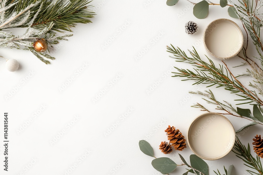 Festive arrangement of natural elements and candles on a white background for holiday decor ideas Festive arrangement of natural elements and candles on a white background for holiday decor ideas