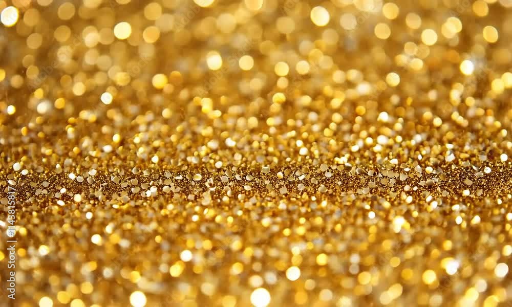 A close-up of shimmering gold glitter, creating a sparkling and festive visual effect.
