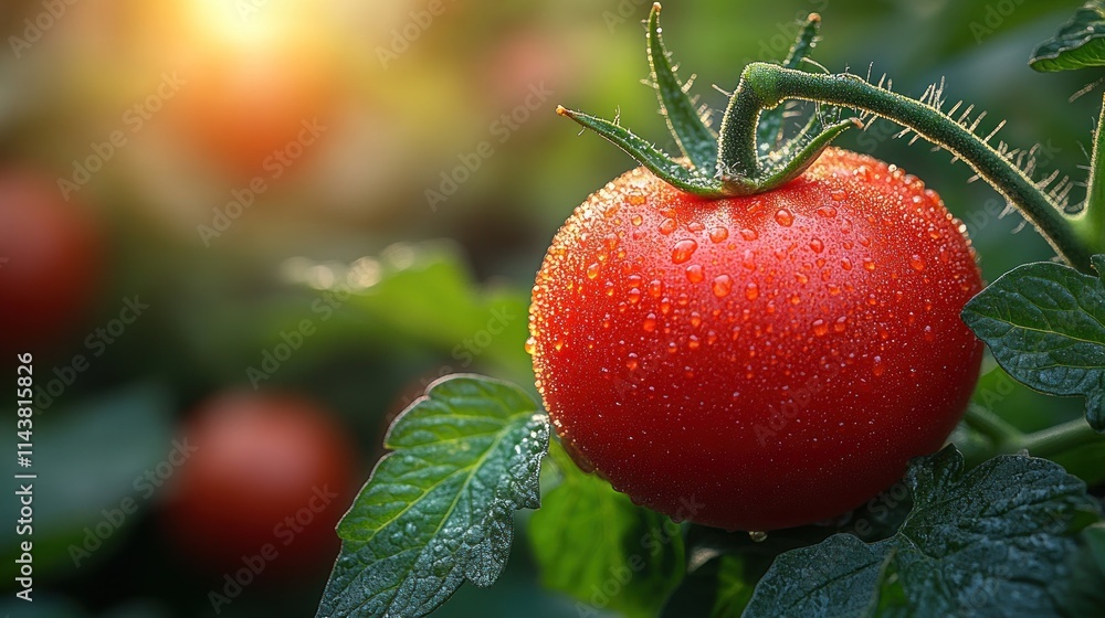 Obraz premium Ripe red tomato on the vine with water droplets. (2)