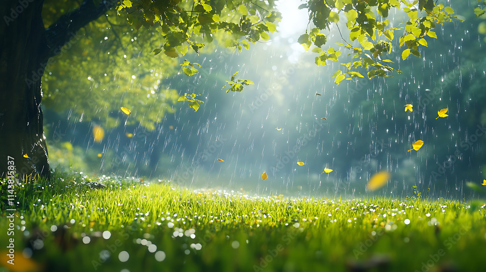 Obraz premium Rainy Day Serenity: Tranquil scene of gentle rain falling on lush green grass under a tree, sunlight breaking through the leaves. Evokes peace and tranquility. 