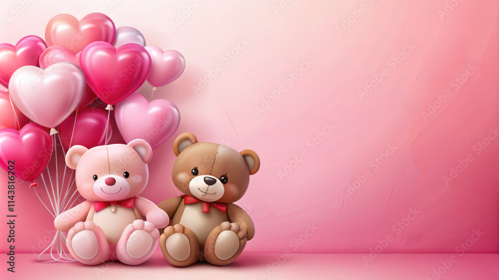 Adorable pink teddy bears sitting on a pink background surrounded by heart-shaped balloons. A beautiful symbol of love and friendship for a declaration of love on Valentine's Day