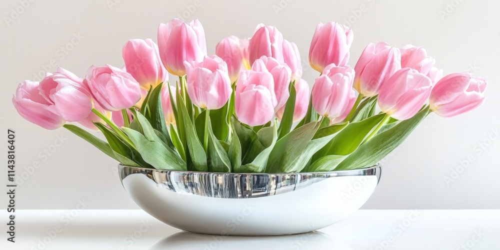 Beautiful pink spring tulips displayed in a mirror bowl, creating an elegant contrast against the white background, showcasing the charm of pink spring tulips in an artistic arrangement. Beautiful pink spring tulips displayed in a mirror bowl, creating an elegant contrast against the white background, showcasing the charm of pink spring tulips in an artistic arrangement.