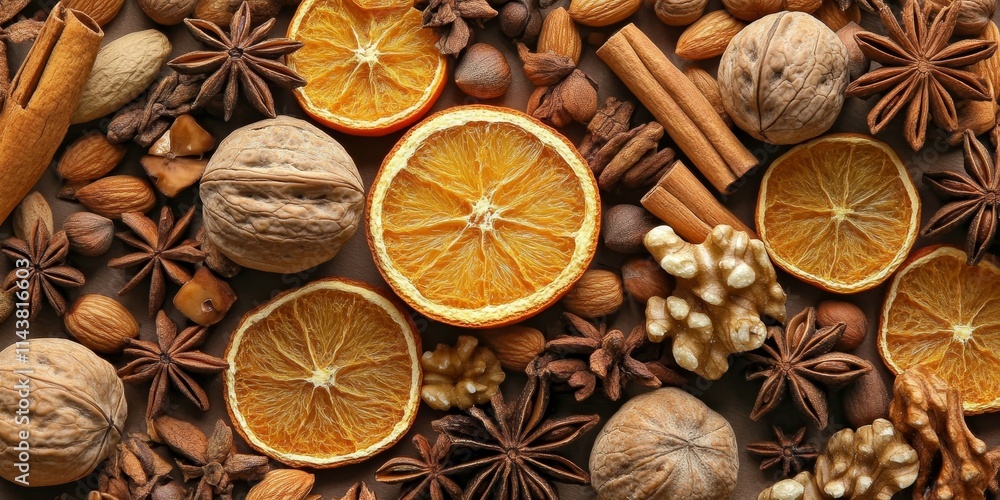 An assortment of spices, nuts, and dried oranges creates a festive christmas decoration, showcasing different varieties that enhance the holiday spirit and bring warmth to the season. An assortment of spices, nuts, and dried oranges creates a festive christmas decoration, showcasing different varieties that enhance the holiday spirit and bring warmth to the season.