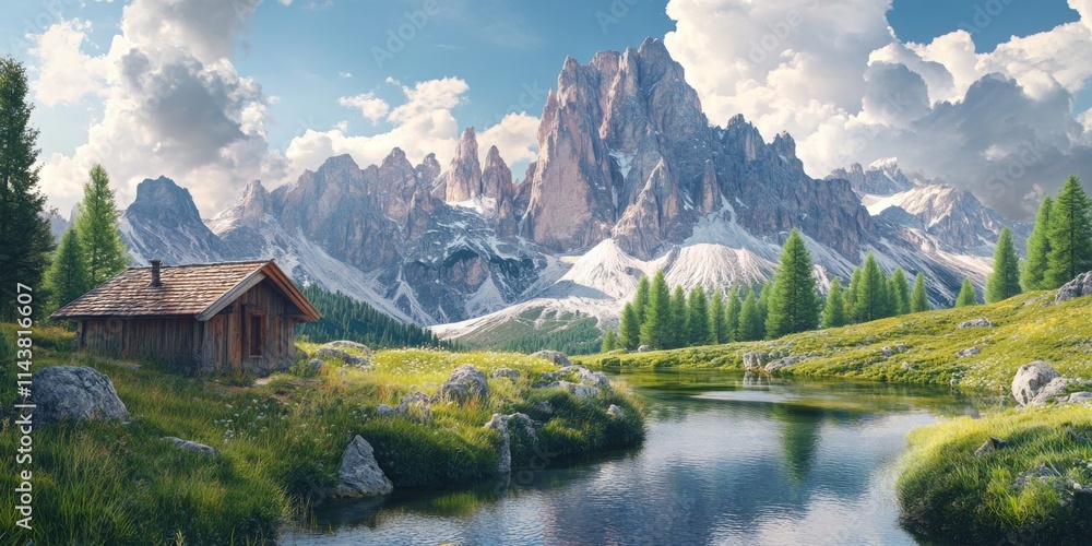 Fototapeta premium Scenic Italian landscape featuring the stunning Dolomites mountains, with a focus on summer vibes in a picturesque setting. Experience the beauty of this captivating Italian landscape.