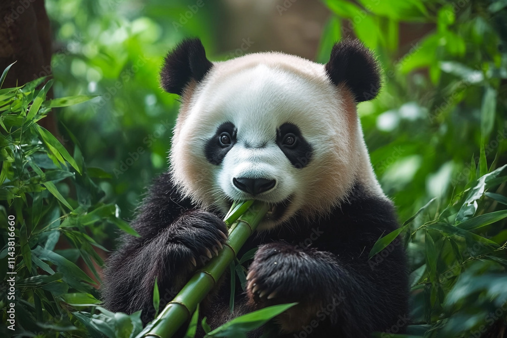 Fototapeta premium Gentle panda munching on bamboo in lush greenery