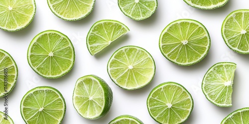 Sliced lime placed on a clean white background creates a vibrant and refreshing visual, showcasing the juicy texture and bright color of the lime in detail. Perfect for culinary themes. photo