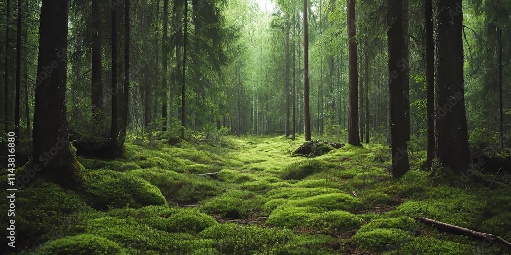 Obraz premium Tranquil Finnish forest scene capturing a silent moment amid lush greenery. This peaceful atmosphere features moss covered ground and has a vintage effect enhancing the serene Finnish forest beauty.
