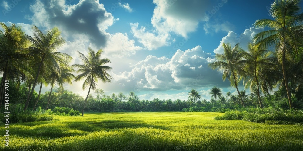 Nature showcases its beauty with bright and cloudy clouds, creating a stunning natural scenery filled with lush green grass and towering coconut trees, emphasizing the splendor of nature. Nature showcases its beauty with bright and cloudy clouds, creating a stunning natural scenery filled with lush green grass and towering coconut trees, emphasizing the splendor of nature.