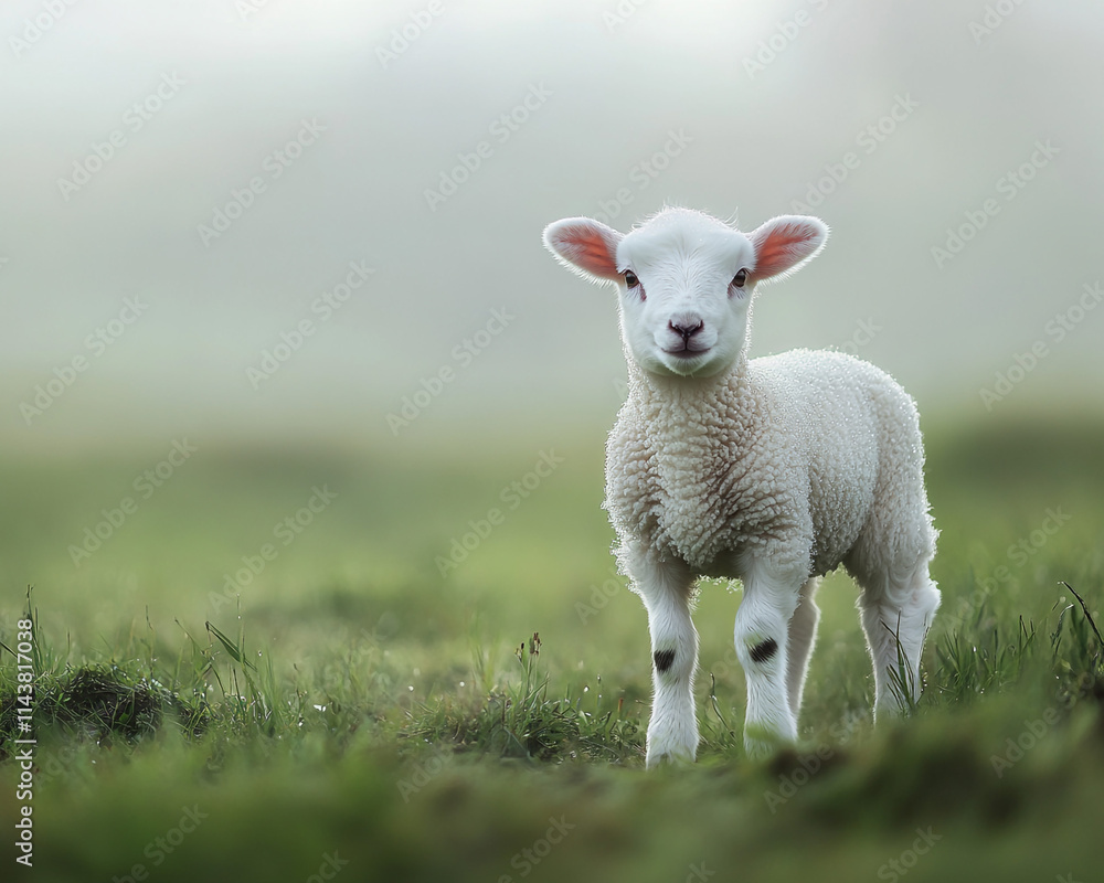 Gentle white lamb in a dewy green meadow, hazy background Gentle white lamb in a dewy green meadow, hazy background