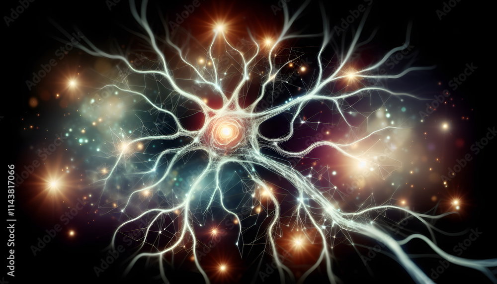 Stylized Neuron with Glowing Cell Body and Branching Dendrites on Dynamic Background Stylized Neuron with Glowing Cell Body and Branching Dendrites on Dynamic Background