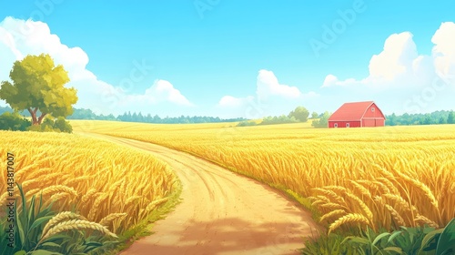 Charming Cartoon Farmland Scene with Golden Wheat Fields and a Bright Red Barn