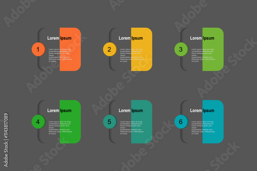 business concept with 6 steps, two tone color rectangle  with colorful label design for workflow layout, diagram, annual report, web design. Creative banner,  vector