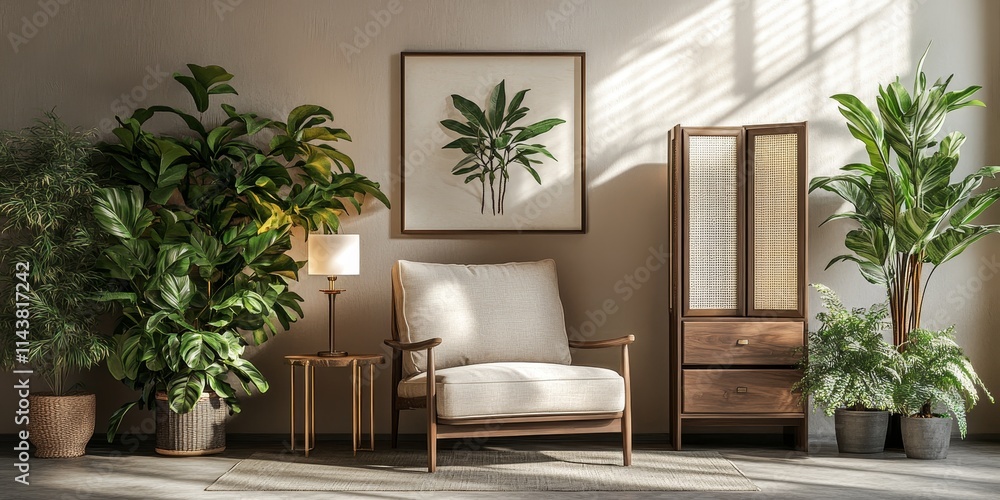 Modern living room interior featuring a cozy armchair, stylish chest of drawers, elegant folding screen, and lush houseplants, creating a warm and inviting atmosphere in the living room. Modern living room interior featuring a cozy armchair, stylish chest of drawers, elegant folding screen, and lush houseplants, creating a warm and inviting atmosphere in the living room.