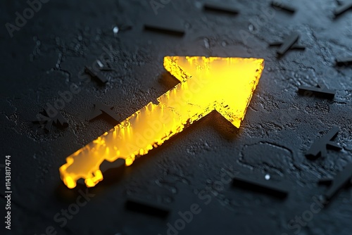 A glowing yellow upward arrow breaking through a dark black canvas with scattered black arrows, showcasing the concept of market success and strategic leadership."