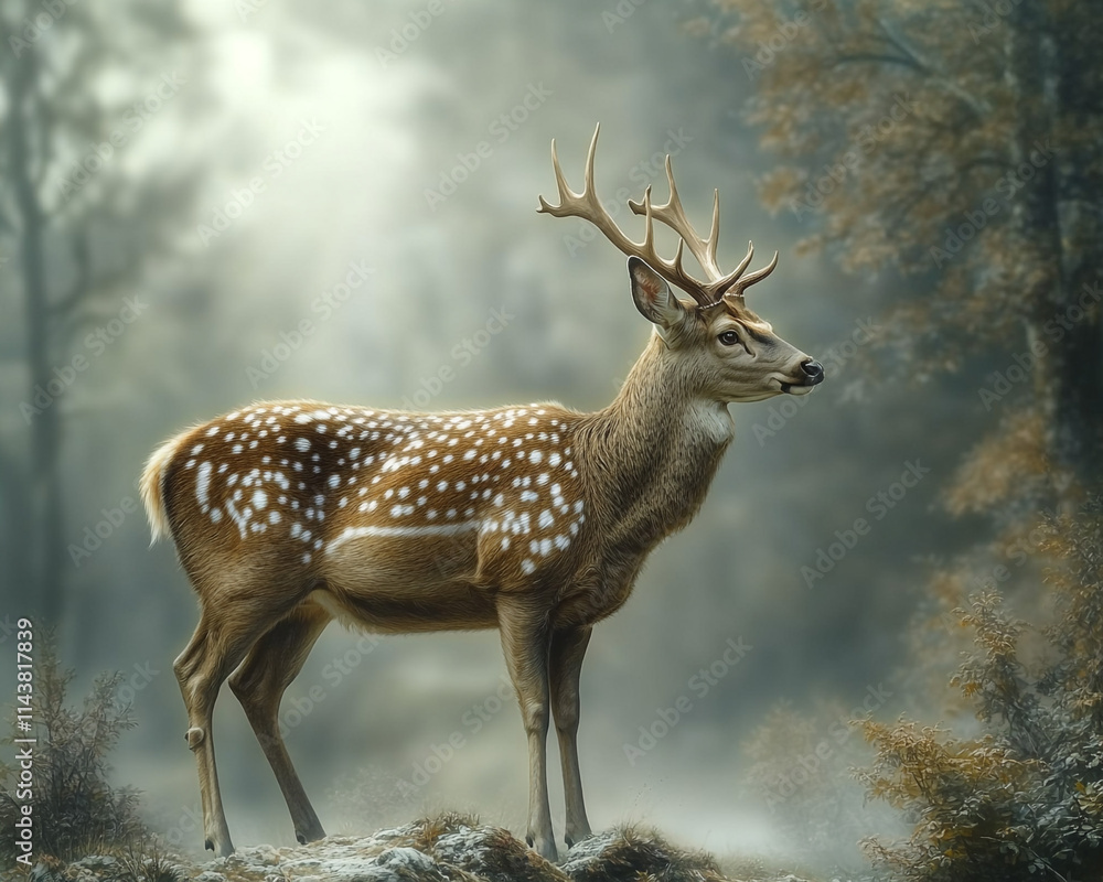 Graceful deer standing in a misty woodland Graceful deer standing in a misty woodland