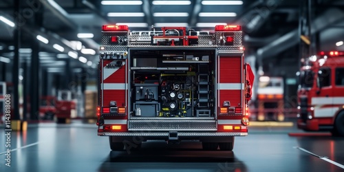 Back end of a fire truck featuring a prominent ladder, showcasing the essential features and functions of fire trucks in emergency services and firefighting efforts. The fire truck s ladder is