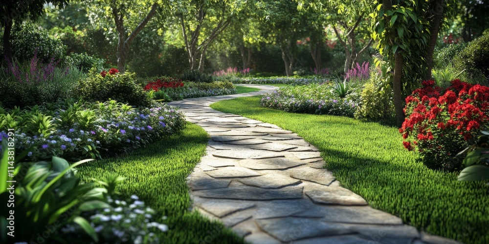 Serene footpath winding through a lush garden, ideal for a peaceful walk, inviting individuals to enjoy the beauty of nature along the footpath while reflecting on their surroundings. Serene footpath winding through a lush garden, ideal for a peaceful walk, inviting individuals to enjoy the beauty of nature along the footpath while reflecting on their surroundings.