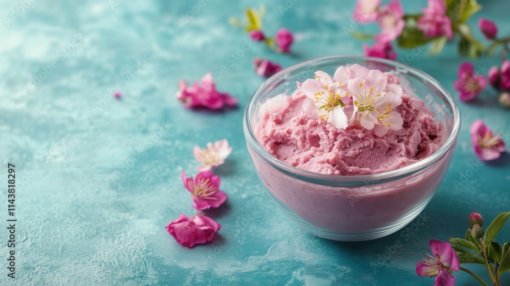 Bowl of pink ice cream decorated with cherry blossoms on turquoise background Bowl of pink ice cream decorated with cherry blossoms on turquoise background