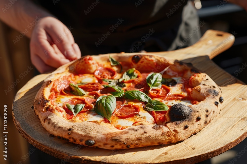Pizza on a wooden board in a person's hands, highlighting the concept of street food. Natural lighting. Pizza on a wooden board in a person's hands, highlighting the concept of street food. Natural lighting.