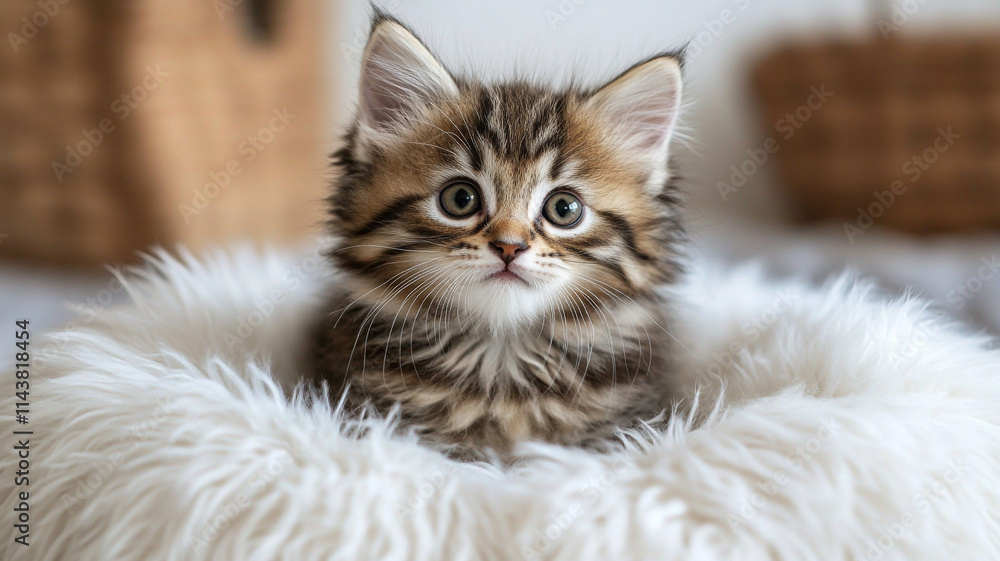 Obraz premium Adorable kitten on a fluffy, white cushion