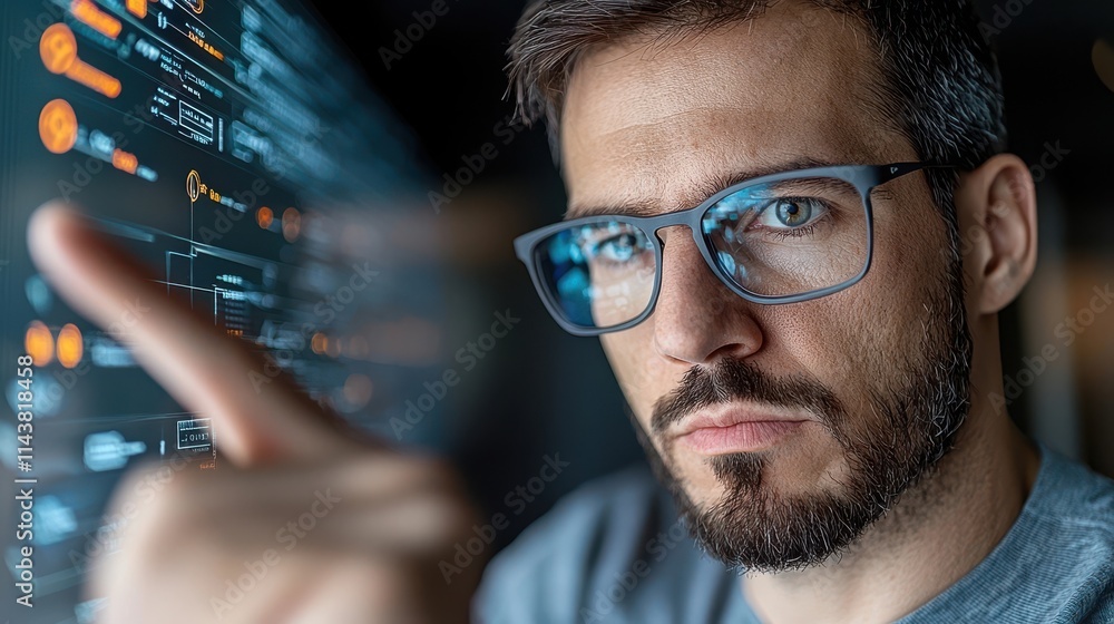 Close up portrait of a focused serious looking programmer or software engineer analysing digital information and data on a futuristic high tech computer interface Concept of technology innovation Close up portrait of a focused serious looking programmer or software engineer analysing digital information and data on a futuristic high tech computer interface Concept of technology innovation