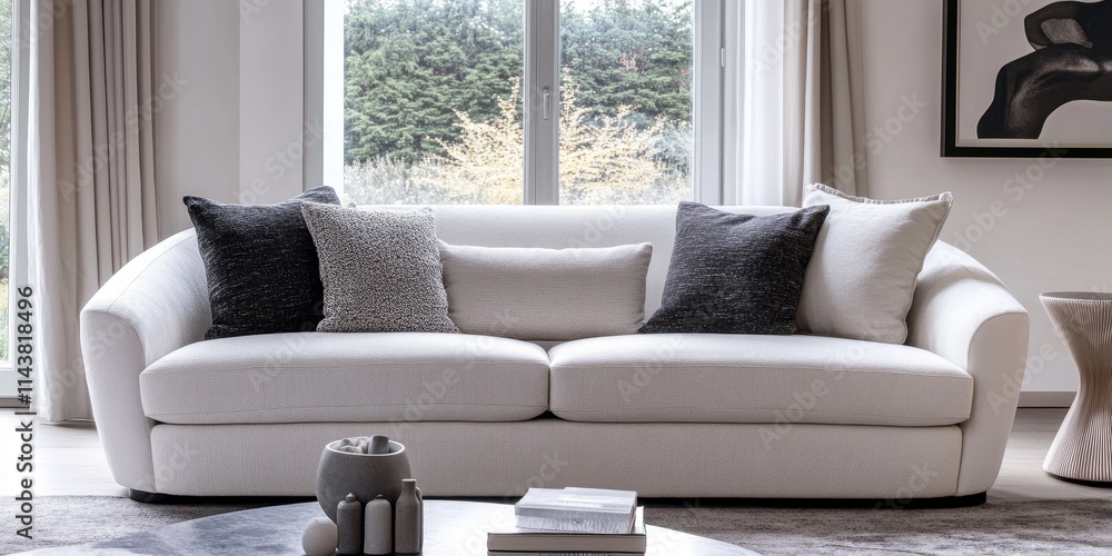 Fototapeta premium Panorama of a cozy white double sofa in a contemporary living room setting, showcasing the elegance and comfort of the white double sofa as a central feature of the room s design.