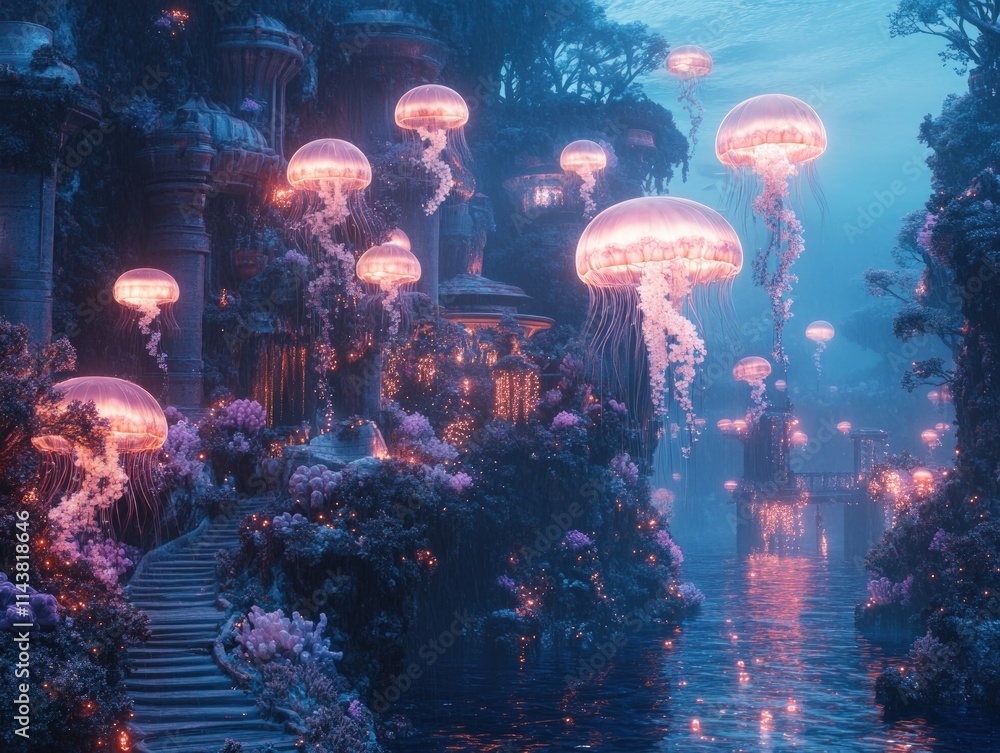 Enchanting bioluminescent jellyfish illuminate a mystical, underwater city at twilight. Enchanting bioluminescent jellyfish illuminate a mystical, underwater city at twilight.