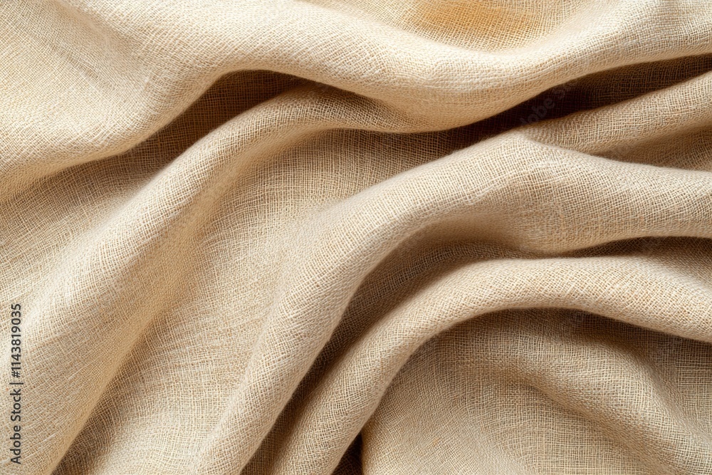 Textured beige fabric draping elegantly over a surface, showcasing soft folds and natural fibers Textured beige fabric draping elegantly over a surface, showcasing soft folds and natural fibers