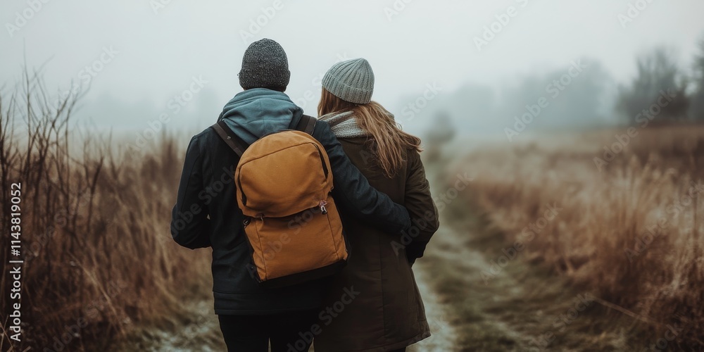 Young couple enjoying a cold, bleak day while walking in a winter countryside, embracing the serene beauty of winter countryside during their outdoor adventure together. Young couple enjoying a cold, bleak day while walking in a winter countryside, embracing the serene beauty of winter countryside during their outdoor adventure together.