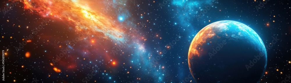 Fototapeta premium A stunning cosmic scene featuring a vibrant galaxy with swirling colors and a glowing planet against a starry backdrop.