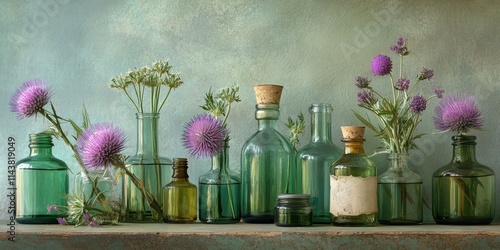 Still life featuring Carduus tenuiflorus, often called sheep thistle or shore thistle, alongside vintage glass bottles filled with aromatic oil, enhanced with selective soft focus for artistic effect. photo