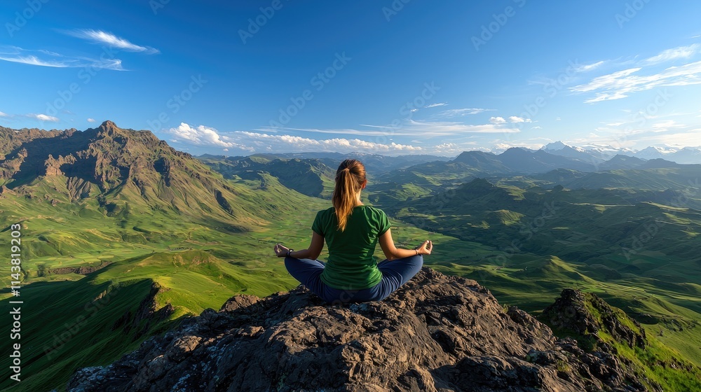 Meditation practice at mountain summit scenic landscape outdoor serenity nature escape wide-angle perspective