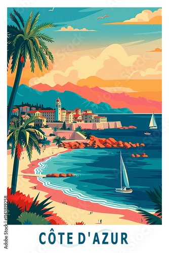 Wallpaper Mural France, Cote Azur town illustrated poster in retro style. Vintage French Riviera travel booklet, brochure, postcard, print, cover with seaside, coastline, town Torontodigital.ca