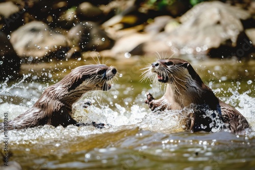 Playful otters splashing in a river, showcasing fun and liveliness. Bright natural light, river background. photo