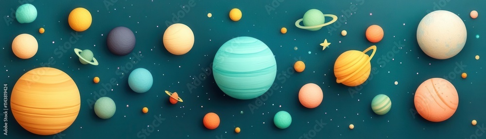 Fototapeta premium A colorful illustration of various planets and celestial bodies set against a dark background, showcasing a vibrant cosmic scene.